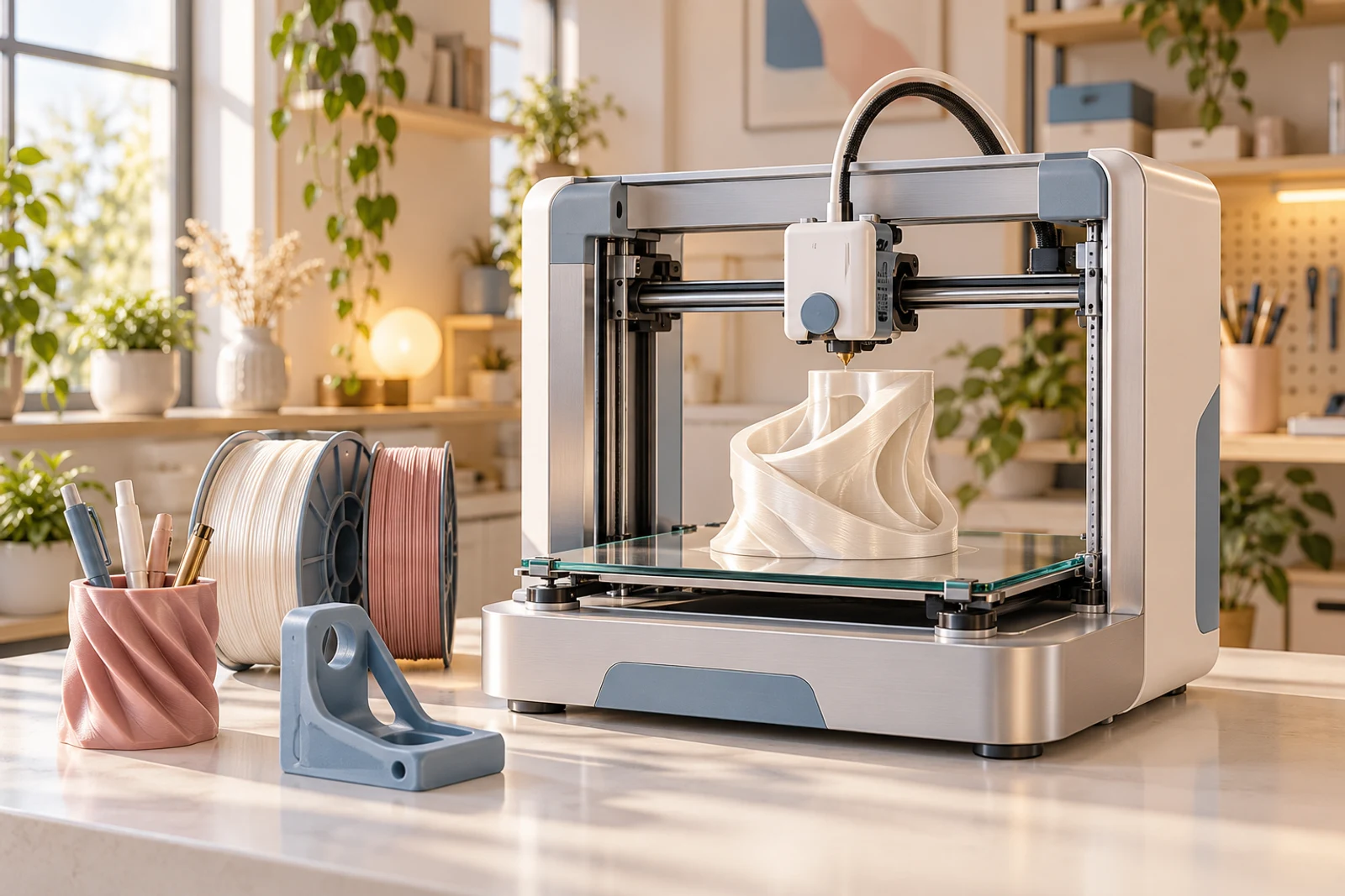 Cena ilustrativa de impressão 3D, com impressora, objeto branco pérola e peças em rosé e azul fosco