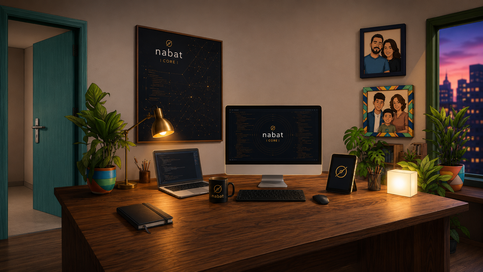 Escritório da Nabat, com a mesa de trabalho, fotografias da família e luz acolhedora