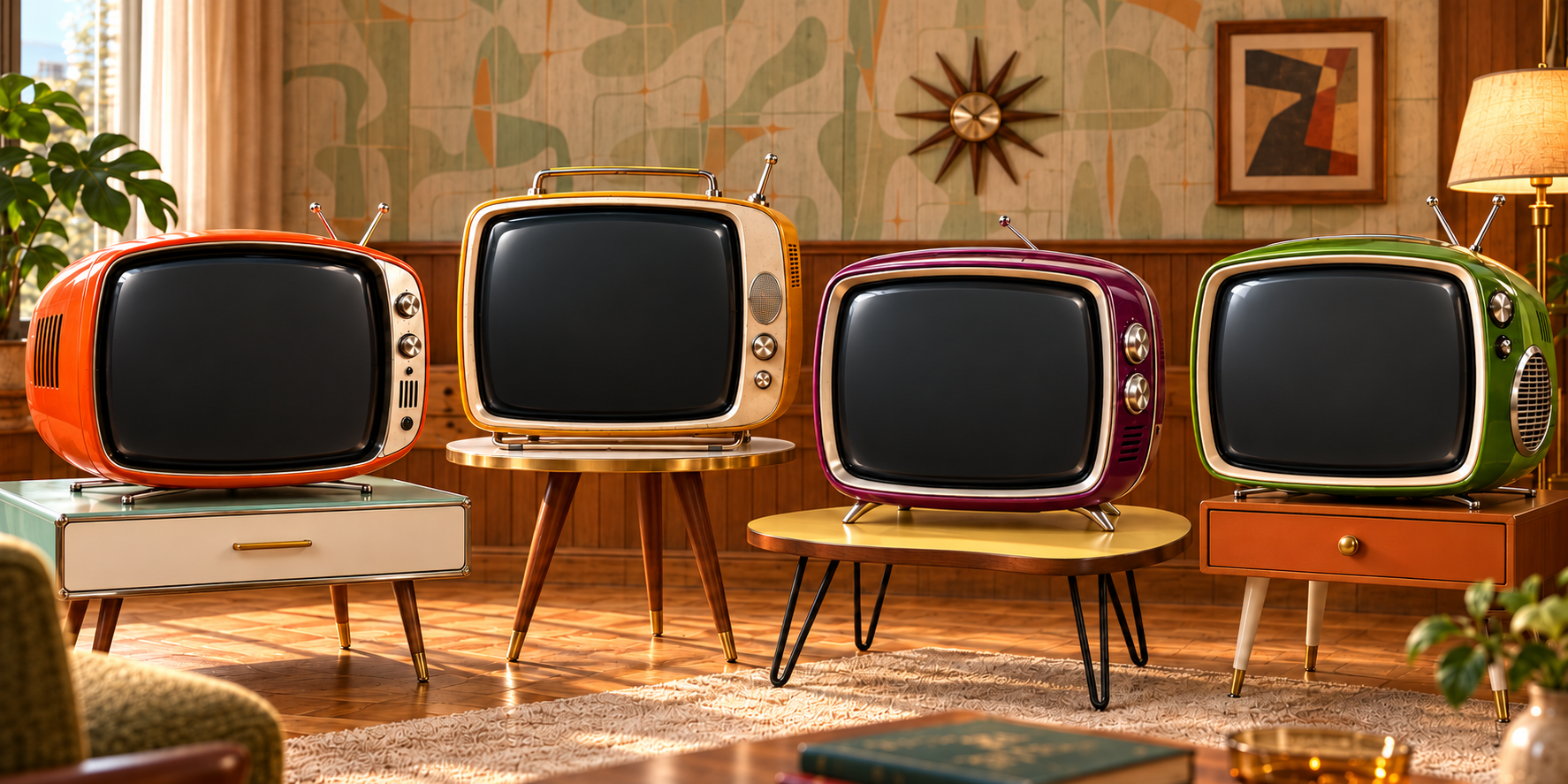 Sala retrô com quatro televisores coloridos sobre móveis de diferentes épocas