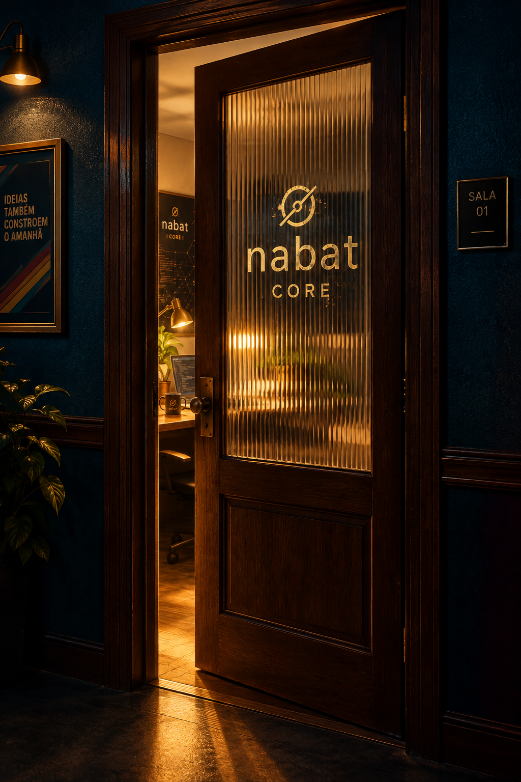 Porta do escritório Nabat Core entreaberta, com o ambiente de trabalho iluminado ao fundo