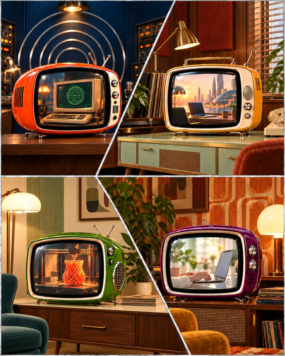 Quatro ambientes dos anos 50, 60 e 70, cada um com um televisor retrofuturista, separados por diagonais